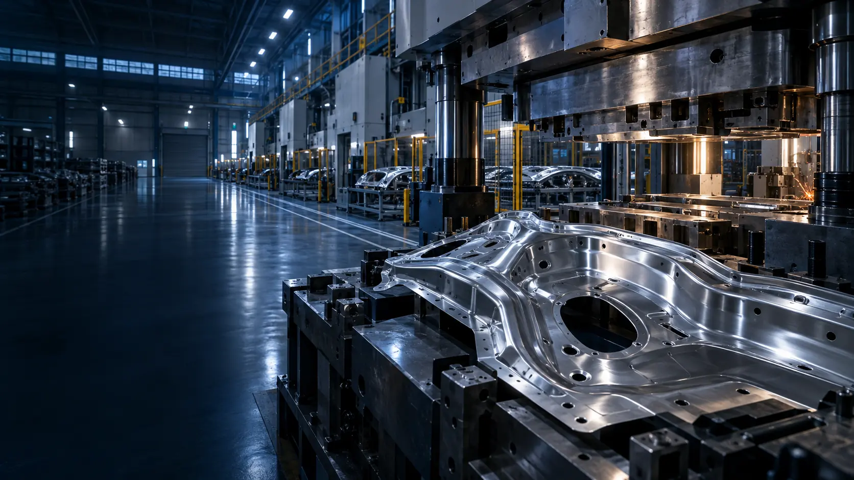 Formed chassis structure in a stamping die on the press line
